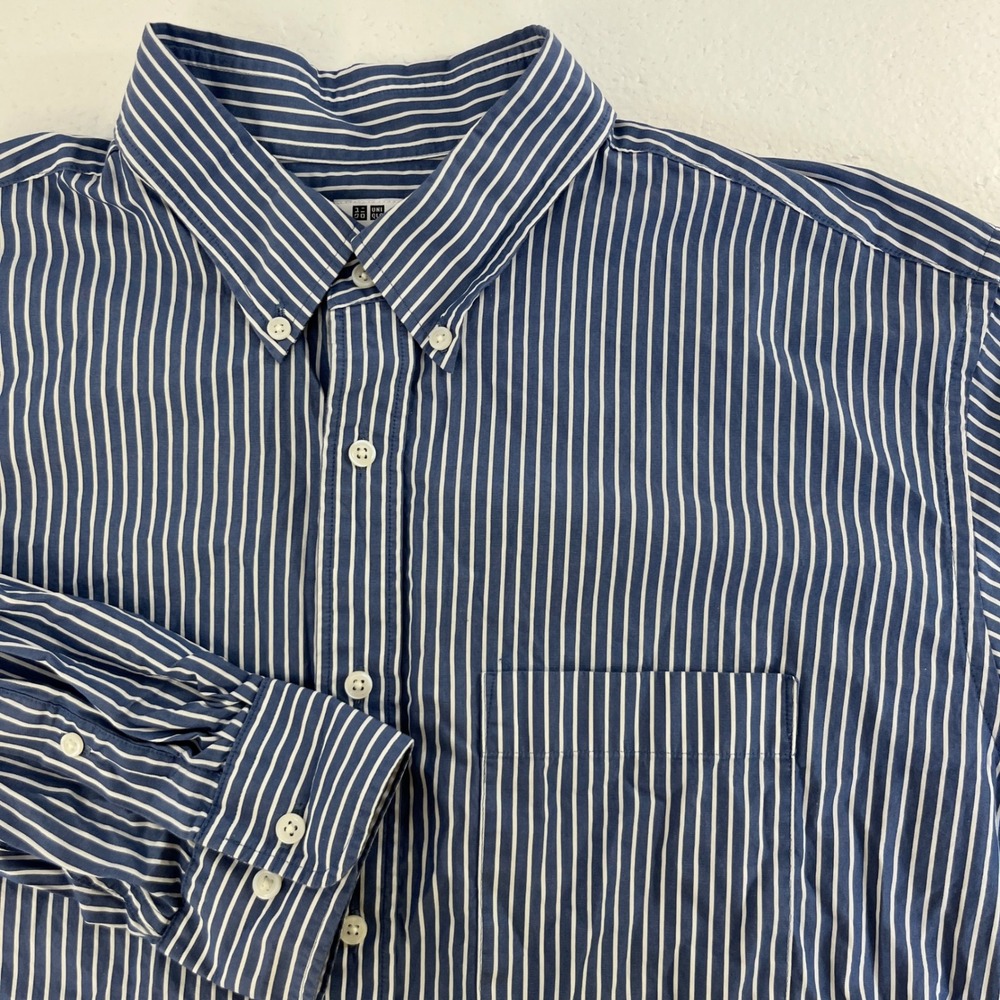 Uniqlo Long Sleeve Button Down Shirt‎ Mens XL Striped Blue White 100% Cotton